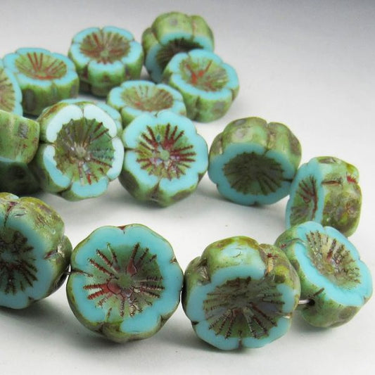 14mm Tea Green Turquoise Hibiscus Flower Bead, Picasso Czech Glass Beads 8 pcs. F-672