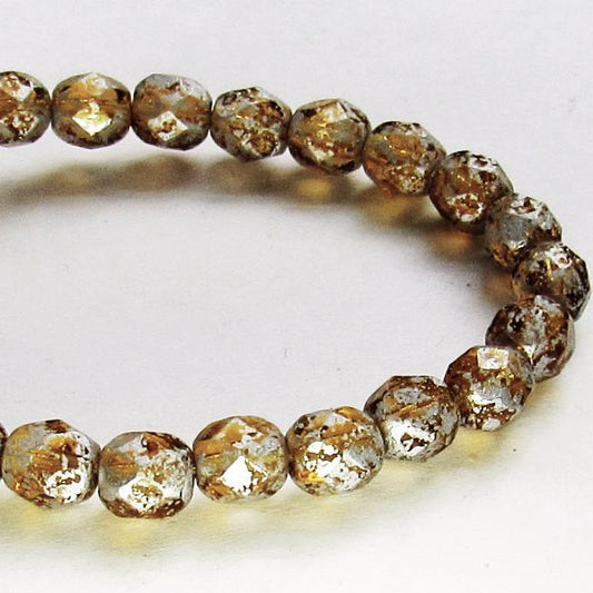 Amber with Silver Picasso Czech Glass Fire Polished 6mm Faceted Round Beads 50 pcs. 6mm/1444
