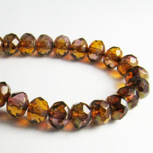 Picasso Czech Glass Beads 7mm Deep Amber and Pink Faceted Rondelles 15 pcs. RON7-1139