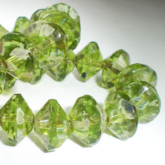 Peridot Green Saucer Beads Picasso Czech Glass Beads 13x9mm Faceted 8 pcs S-008