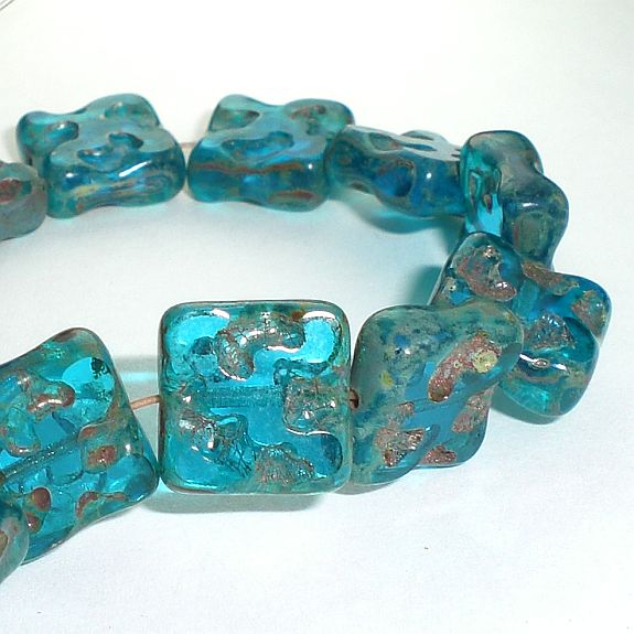 Picasso Czech Glass Beads 10mm Carved Square Capri Blue Bead 10 Pcs. S-067