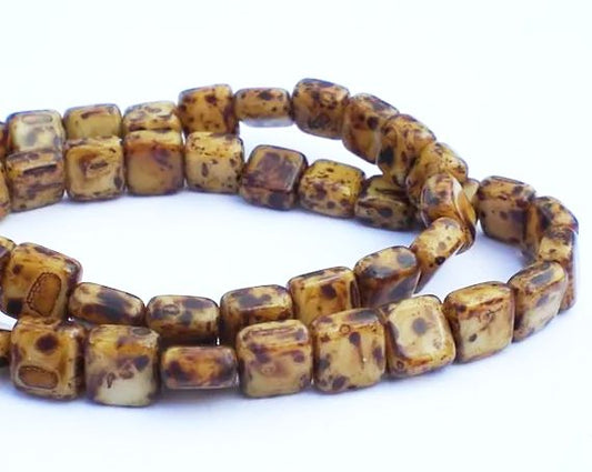Picasso Czech Glass Beads 6mm Square Tan Bead with Brown Picasso 25 Pcs. S-101