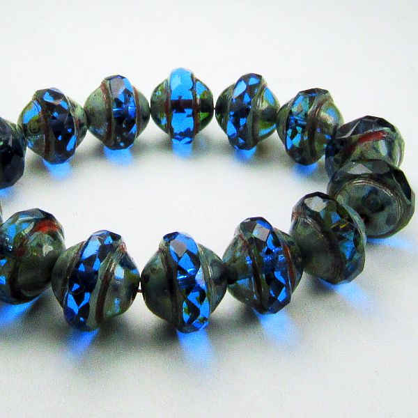 UFO Saturn Sapphire Blue Czech Glass Beads with Picasso  8x10mm 10 Pcs. UFO-470