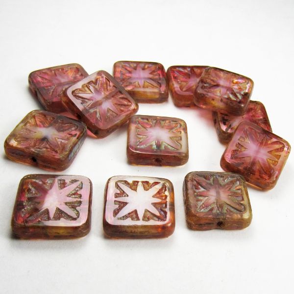 15mm Pink Carved Square Beads - Picasso Czech Glass Beads 8 Pcs. S-301