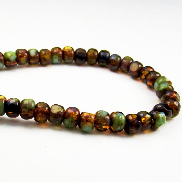 Czech Glass Picasso Trica Beads, 5mm Amber and Tea Green Turquoise Tri-cut Beads 50 Pcs. TR-1152