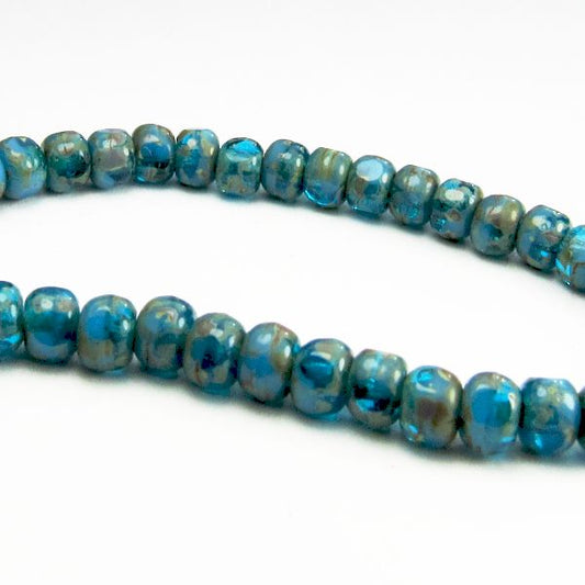 Czech Glass Picasso Trica Beads , 5mm Pacific and Sky Blue Tri-cut Beads w/Picasso 50 Pcs. TR-1176