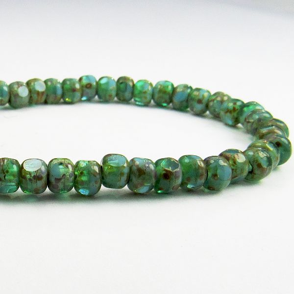 Czech Glass Picasso Trica Beads , 5mm Blues and Green Tri-cut Beads w/Picasso 50 Pcs. TR-1196