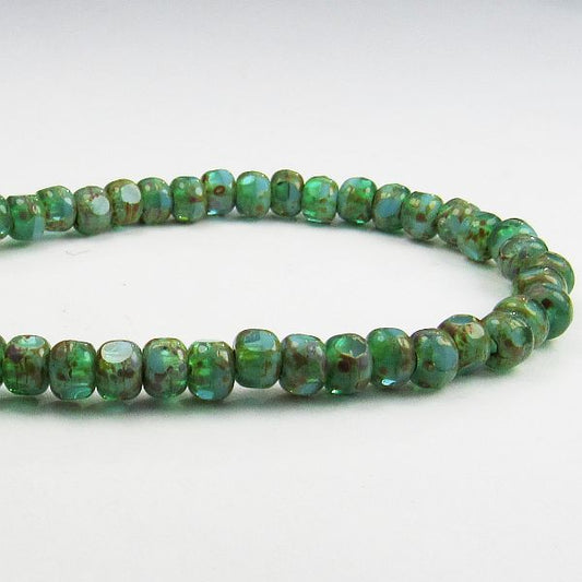Czech Glass Picasso Trica Beads , 5mm Blues and Green Tri-cut Beads w/Picasso 50 Pcs. TR-1196