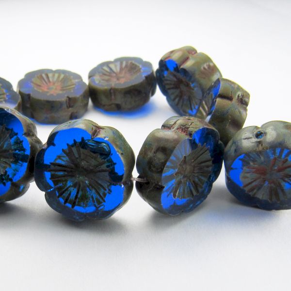 14mm Sapphire Blue Flower Bead, Picasso Czech Glass Beads 8 pcs. F-255