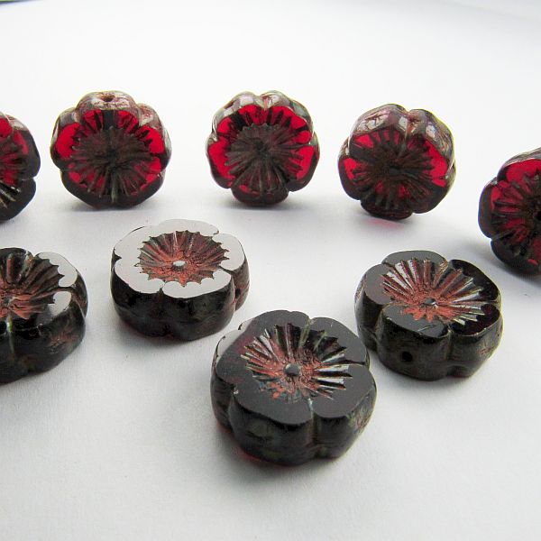 14mm Ruby Red Flower Bead, Picasso Czech Glass Beads 8 pcs. F-271