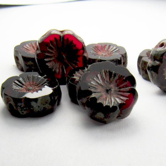 14mm Ruby Red Flower Bead, Picasso Czech Glass Beads 8 pcs. F-271