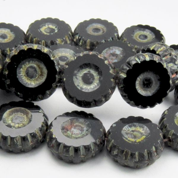Black 12mm Czech Glass Daisy Flower with Picasso 10 pcs. F-293