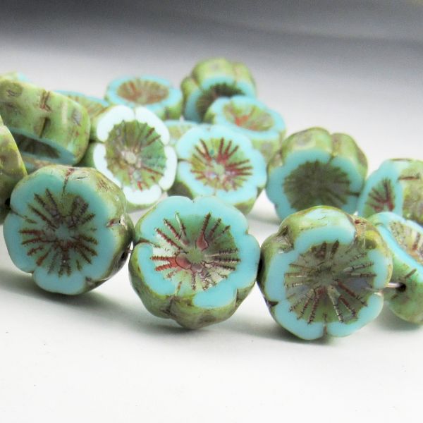14mm Tea Green Turquoise Hibiscus Flower Bead, Picasso Czech Glass Beads 8 pcs. F-672