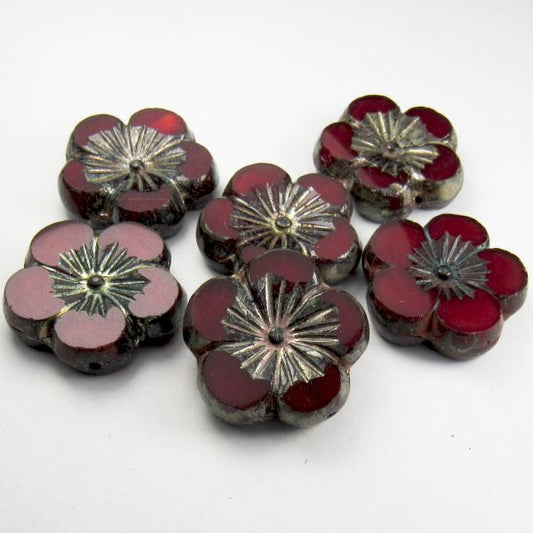 22mm Ruby Red Carved Hibiscus Flower Bead, Picasso Czech Glass Beads 2 pcs. F-826