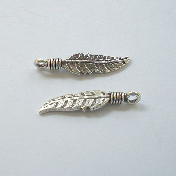Fine Silver Karen Hill Tribe Charms Feather Charms Thai Silver 26mm 2 pcs. HT-272
