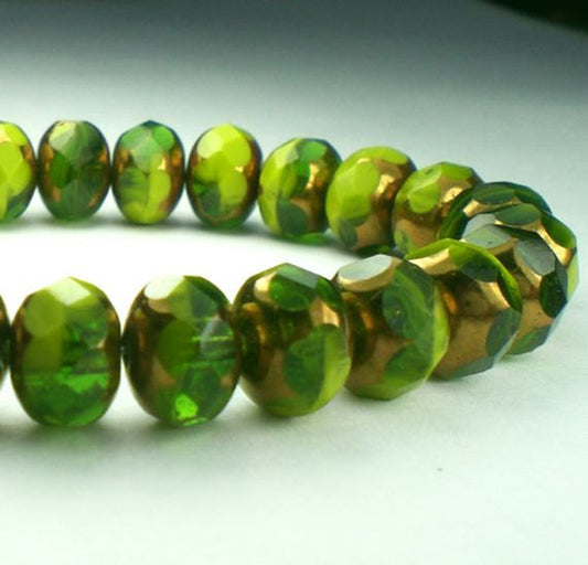 Picasso Czech Glass Beads 6x8mm Faceted Rondelles Greens with Bronze Matallic Picasso 10 Pcs. RON8-2596