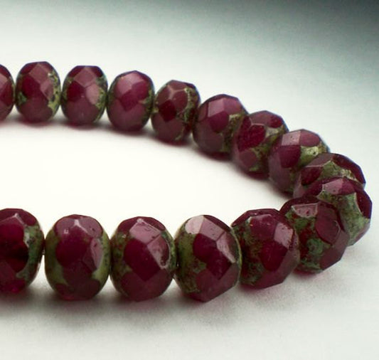 Picasso Czech Glass Beads 8mm Faceted Rondelle Burgundy Red with Lt. Green Finish 10 pcs. RON8-694