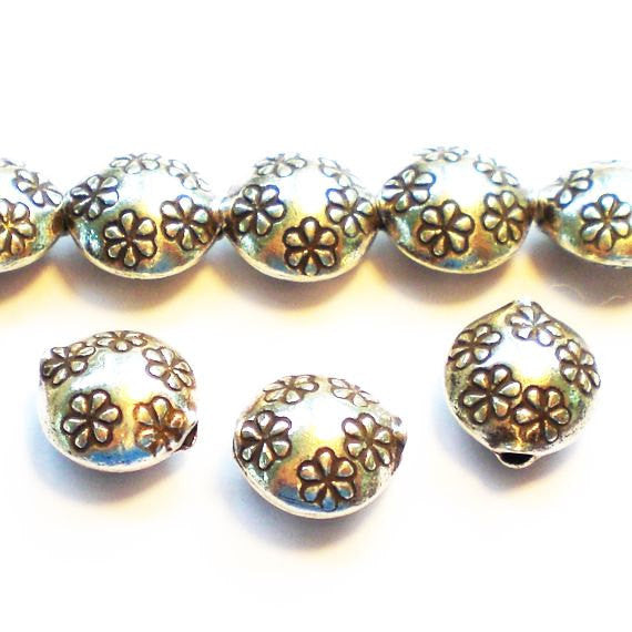 10mm Fine Silver Puffed Disc Beads Flower Design Karen Hill Tribe Beads 3 pcs HT-268 - Royal Metals Jewelry Supply