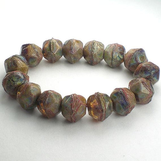 Picasso Czech Glass Beads 10mm Natural Earthy Brown, Blue, Green Czech English Cut Beads 10 Pcs. E-1157