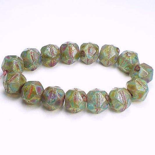 Picasso Czech Glass Beads 10mm Aqua Czech English Cut Beads Blue Green Bead 10 Pcs. E-1049