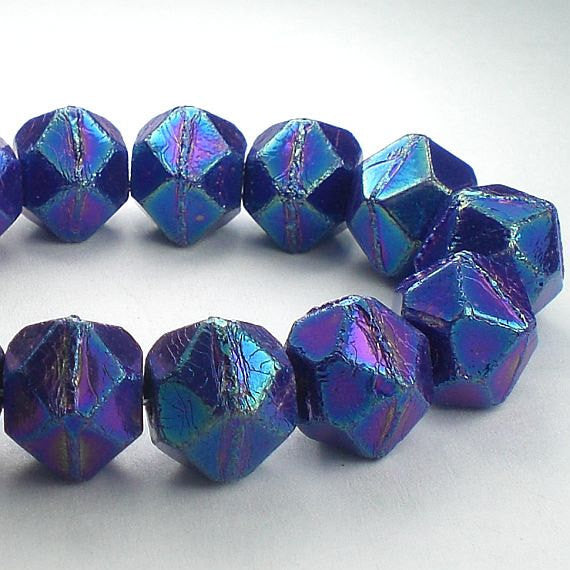 Picasso Czech Glass Beads 10mm Metallic Blue Czech English Cut Beads Blue Purple Bead 10 Pcs. E-978