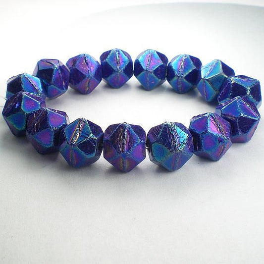 Picasso Czech Glass Beads 10mm Metallic Blue Czech English Cut Beads Blue Purple Bead 10 Pcs. E-978