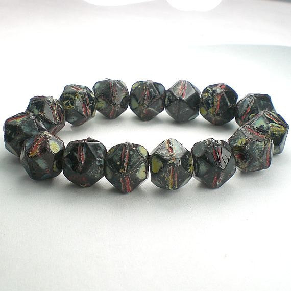 Picasso Czech Glass Beads 10mm Black Czech English Cut Beads Red, Green and Blue Picasso Bead 10 Pcs. E-161