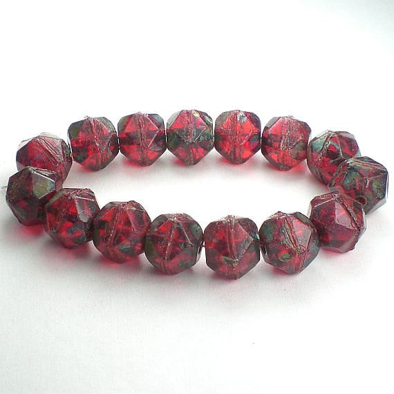 Picasso Czech Glass Beads 10mm Red Czech English Cut Beads with Picasso 10 Pcs. E-1040