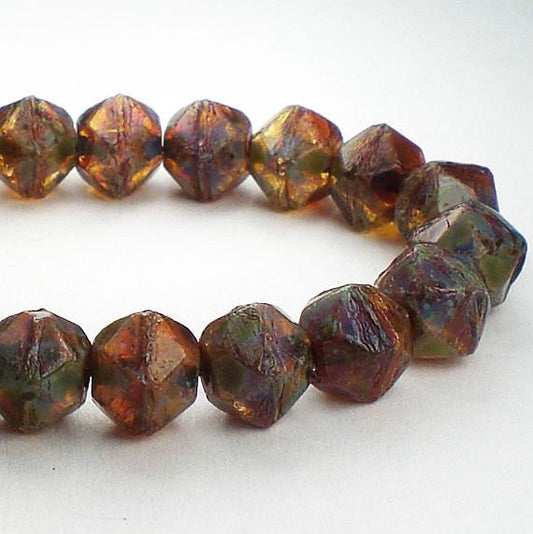 English Cut Beads Picasso Czech Glass Beads 8mm Amber with Turquoise Picasso Czech 20 Pcs. E-466