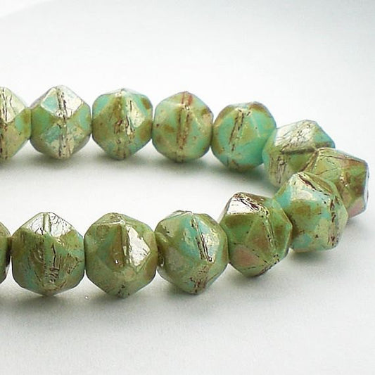 English Cut Beads Picasso Czech Glass Beads 8mm Mint Turquoise Picasso Czech 20 Pcs. E-1139