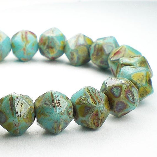 English Cut Beads Picasso Czech Glass Beads 8mm Sky Blue w/Red and Green Picasso Czech 20 Pcs. E-521