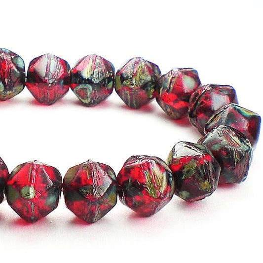 English Cut Beads Picasso Czech Glass Beads 8mm Red w/Green and Blue Picasso Czech 20 Pcs. E-545