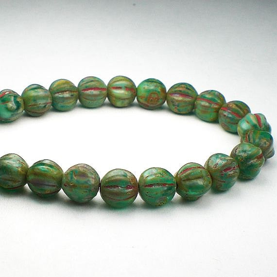 Green Fluted Melon Bead Red Picasso Czech Glass 6mm Melon Round Beads 25 pcs. M-234