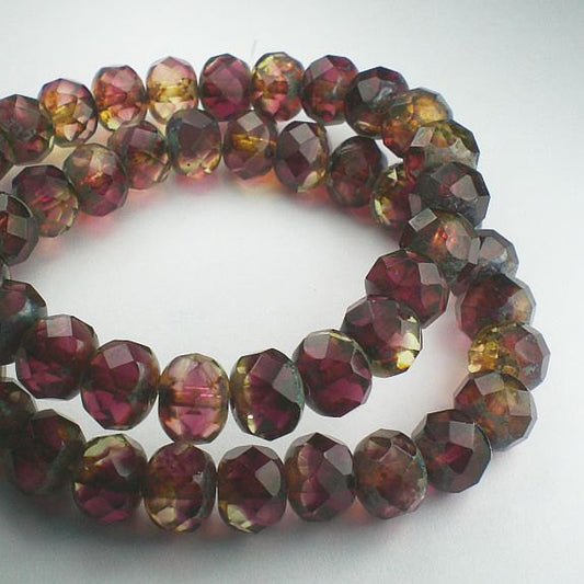Picasso Czech Glass Beads 6 x 8mm Deep Pink and Yellow Amber Faceted Rondelles 10 Pcs. RON8-033