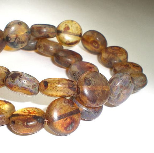 Picasso Czech Glass Beads 11x9mm  Amber Lentil 10 Pcs. L-035