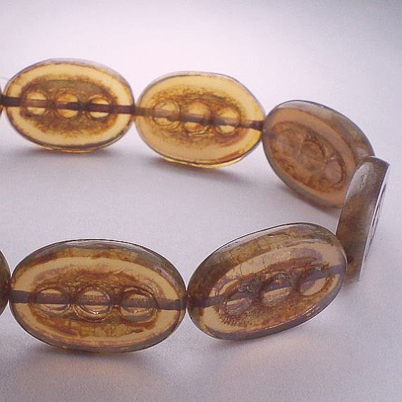Picasso Czech Glass Beads 18mm Carved Oval Bead Pink Opalite Amber Finish 4 Pcs. O-068
