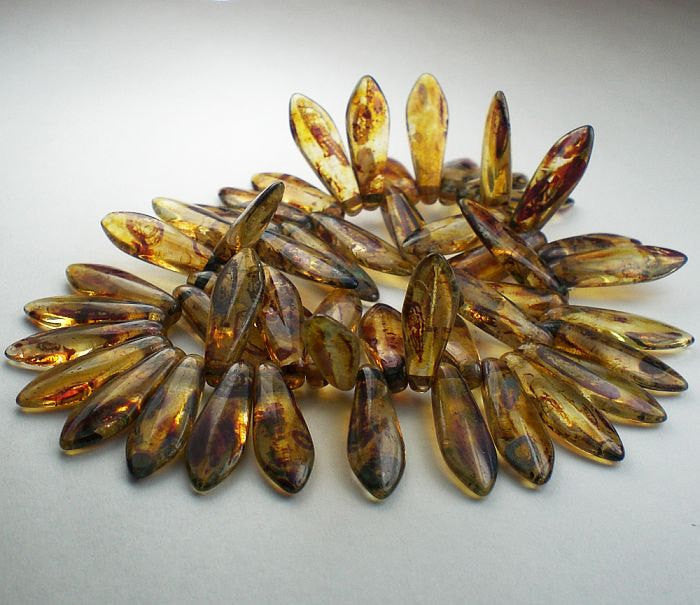 Picasso Czech Glass Beads 15 x 5mm  Amber Dagger Bead 50 Pcs. D-006