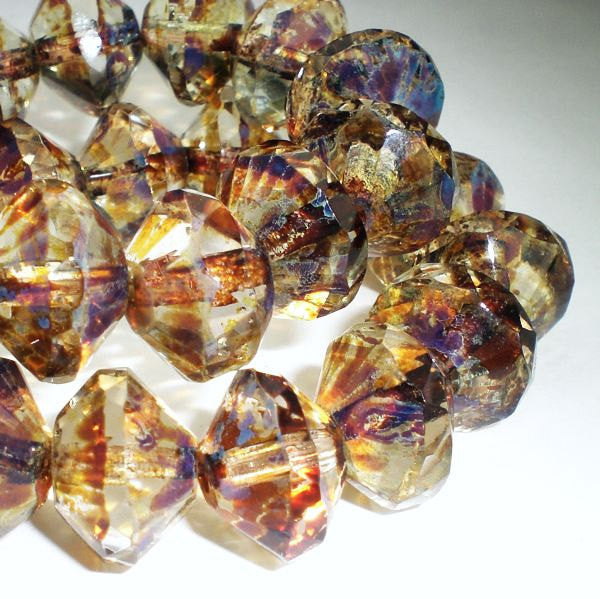 Faceted Clear Saucer Beads with Golden Amber Picasso Czech Glass Beads 13x9mm 8 pcs. S-056