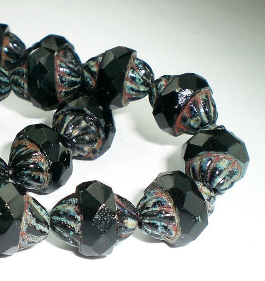 Jet Black Twisted Turbine Bead Picasso Czech Glass Beads 11x10mm Faceted 10 pcs. T-057