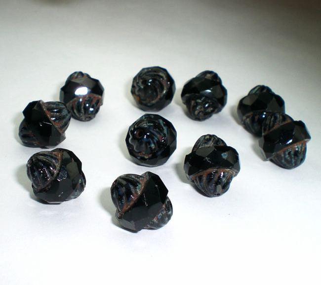 Jet Black Twisted Turbine Bead Picasso Czech Glass Beads 11x10mm Faceted 10 pcs. T-057