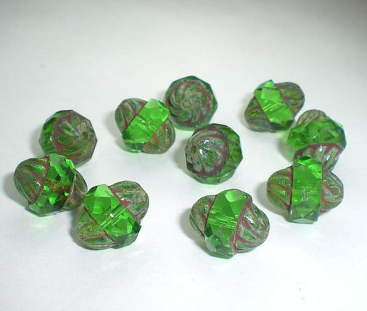 Faceted Peridot Green Turbine Bead, Fire Polished Picasso Czech Glass Beads, Green Bicone Beads 11x10mm 10 pc T-049