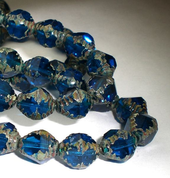 Picasso Czech Glass Beads 10mm Carved Bicone Capri Blue Bead 10 Pcs. B-595