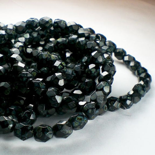 Jet Black Picasso Czech Glass Fire Polished 6mm Faceted Round Beads 60 pcs. 6mm/141