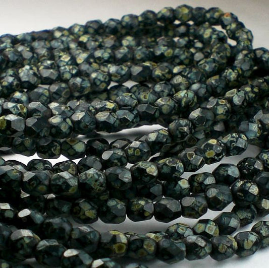 Matte Black Picasso Czech Glass Fire Polished 4mm Faceted Round Beads 100 pcs. 4mm/149