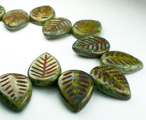 Czech Glass Leaf Beads 18mm Green with Red and Picasso Finish 6 pcs. L-008