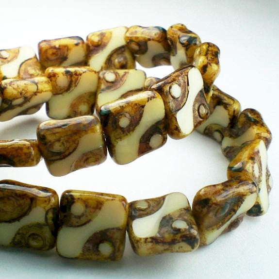 Picasso Czech Glass Beads 10mm Carved Square Beige with Brown Picasso 10 pcs. S-072