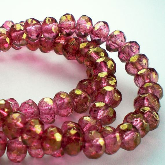 5x3mm Czech Glass Beads Pink with a Gold Finish Faceted Rondelles 30 Pcs. 057 - Royal Metals Jewelry Supply
