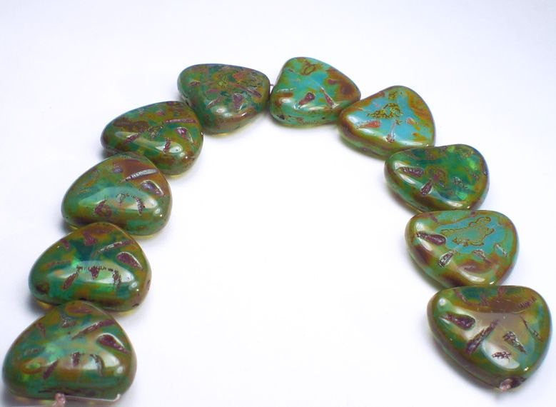 Picasso Czech Glass Beads Turquoise Carved Heart Beads 10 Pcs. H-002