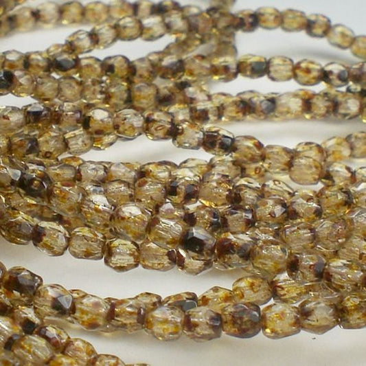 Amber Picasso Czech Glass Fire Polished 3mm Faceted Round Beads 100 pcs. 3mm/162