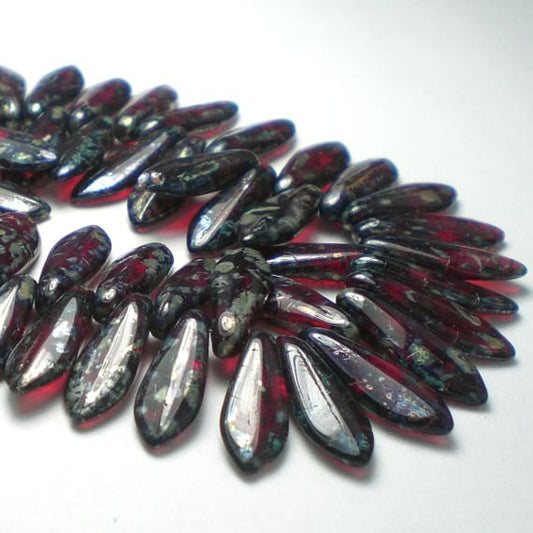 Picasso Czech Glass Beads 15 x 5mm  Ruby Red Dagger Bead 50 Pcs. D-004